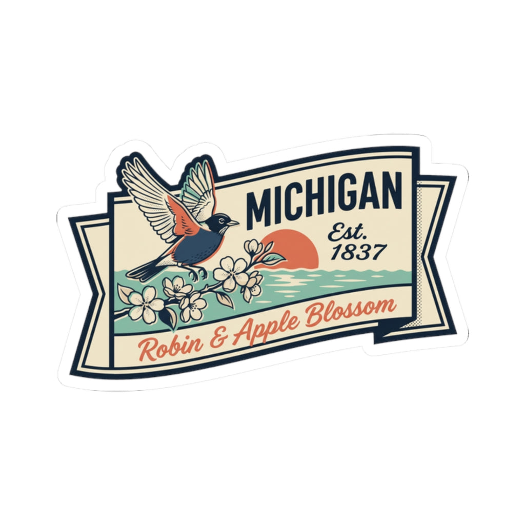 Michigan vintage travel sticker badge with robin and apple blossoms labeled “Est. 1837”