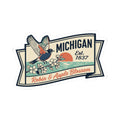 Michigan vintage travel sticker badge with robin and apple blossoms labeled “Est. 1837”