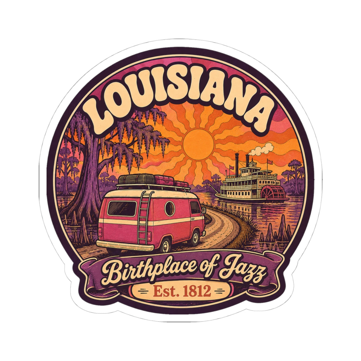 Louisiana vintage camper and steamboat round sticker, Birthplace of Jazz Est. 1812
