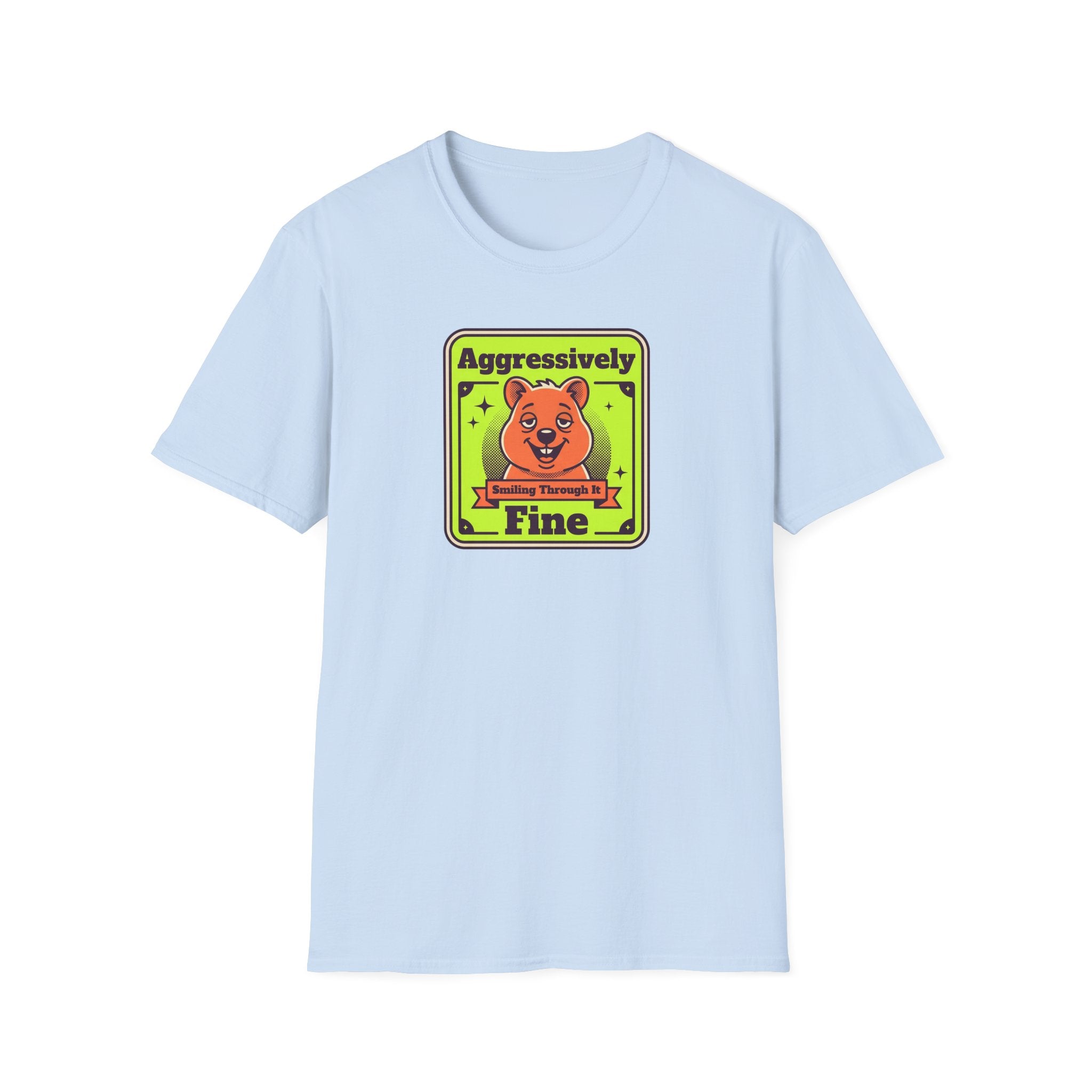 Light blue T-shirt with framed cartoon bear graphic on the chest