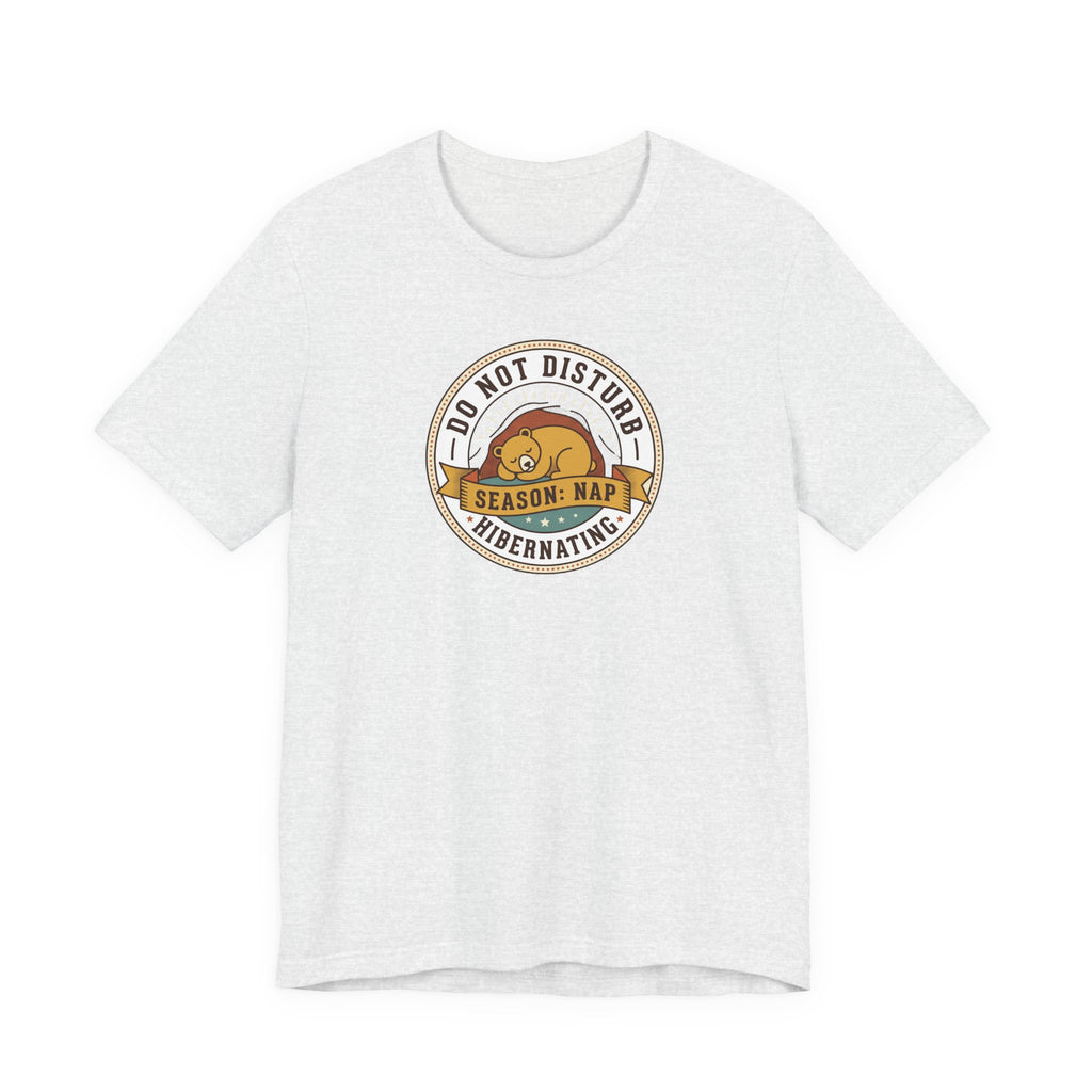 Light grey heather T-shirt with hibernating bear "Do Not Disturb" circular graphic