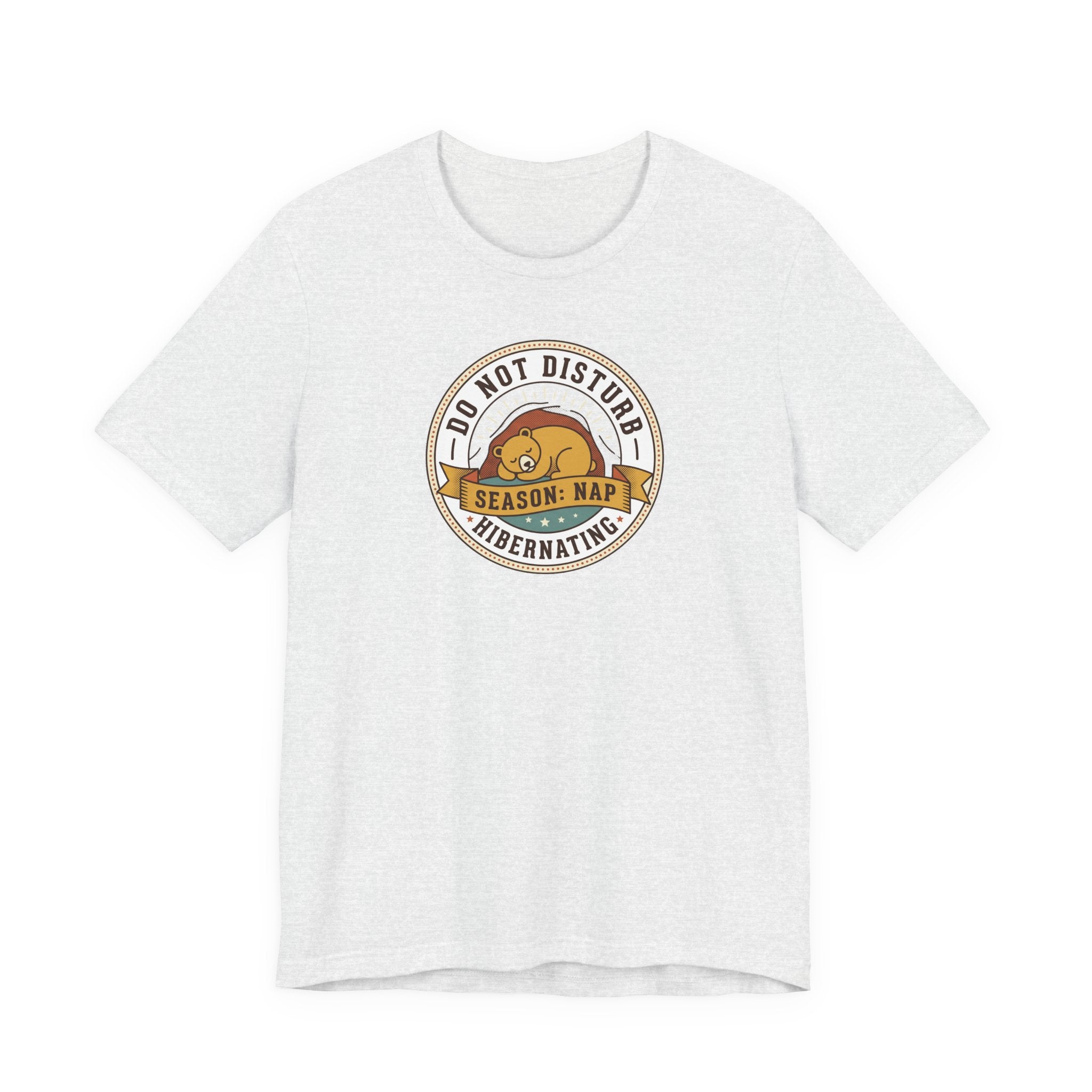 Light grey heather T-shirt with hibernating bear "Do Not Disturb" circular graphic