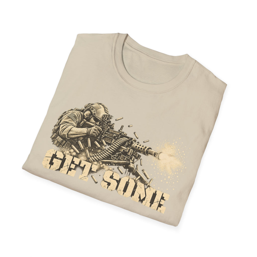 Beige crewneck T-shirt with vintage soldier and machine gun graphic and “GET SOME” text