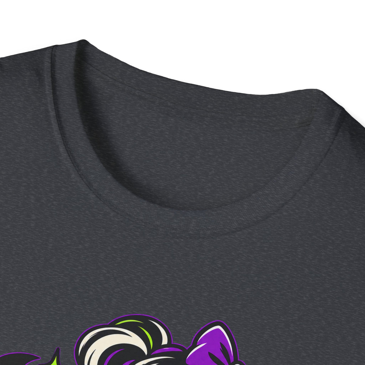 Charcoal gray crew-neck T-shirt close-up of neckline and partial monster graphic