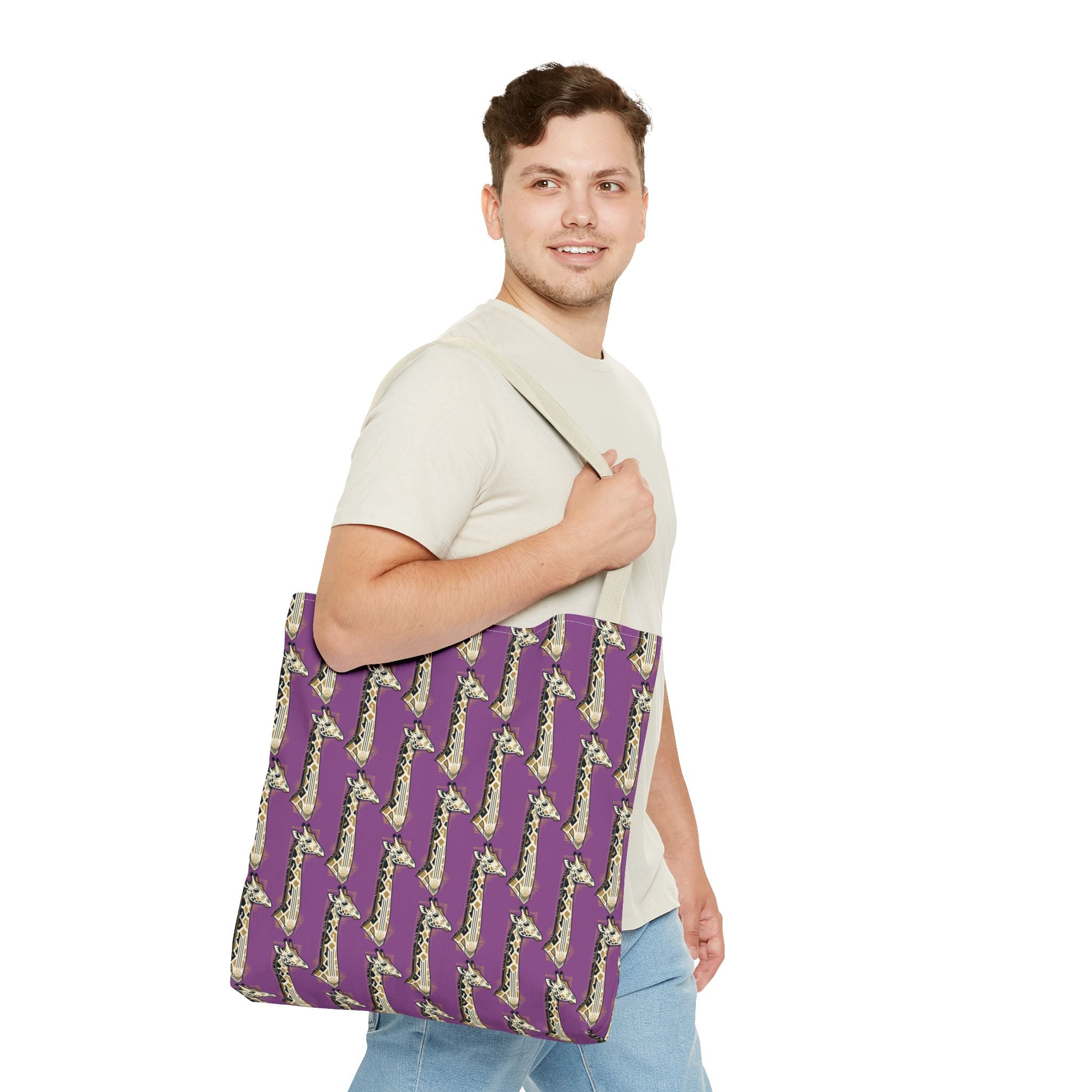 Purple saxophone-pattern tote bag with light handles, front view on person