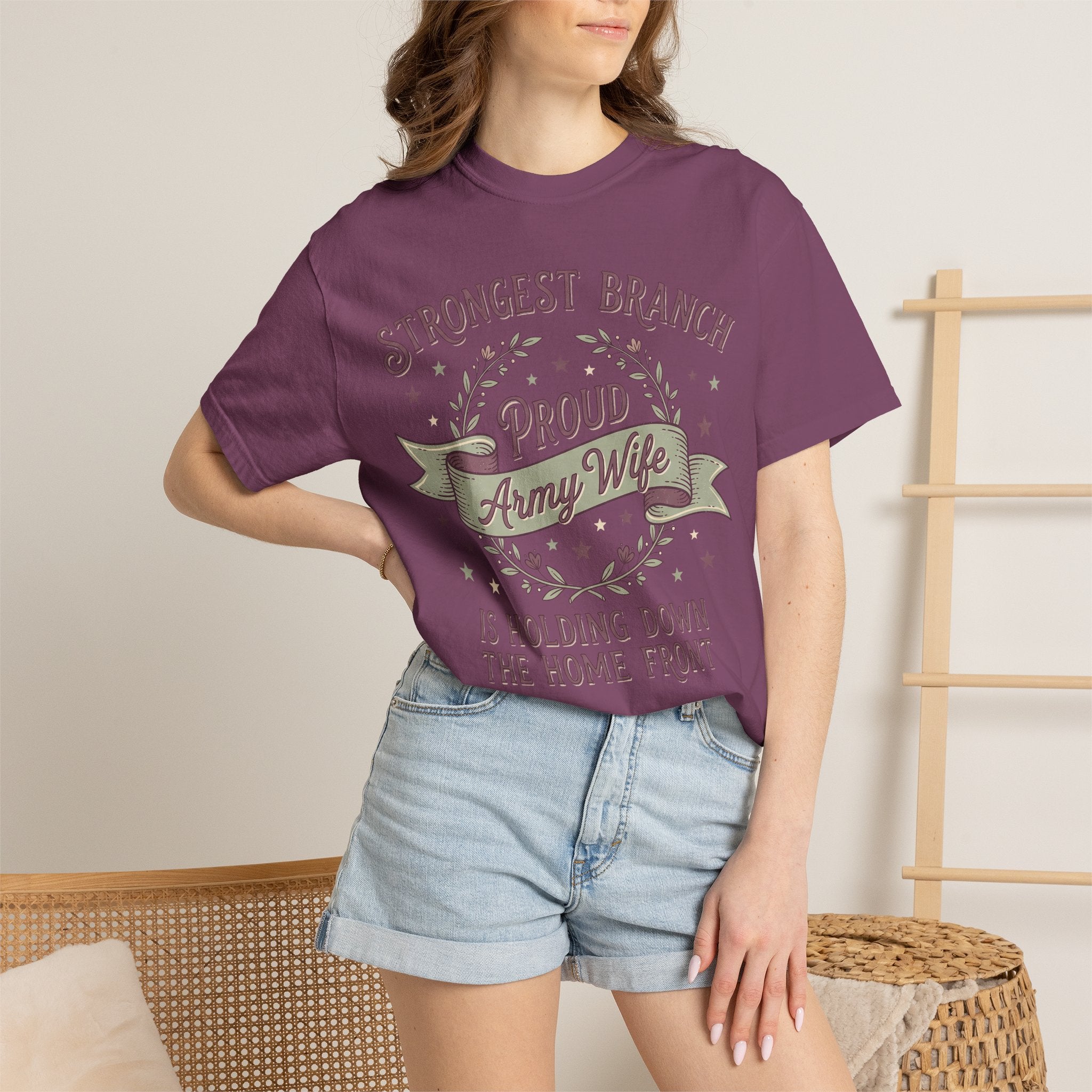 Maroon T-shirt worn front with circular Army Wife graphic and patriotic text