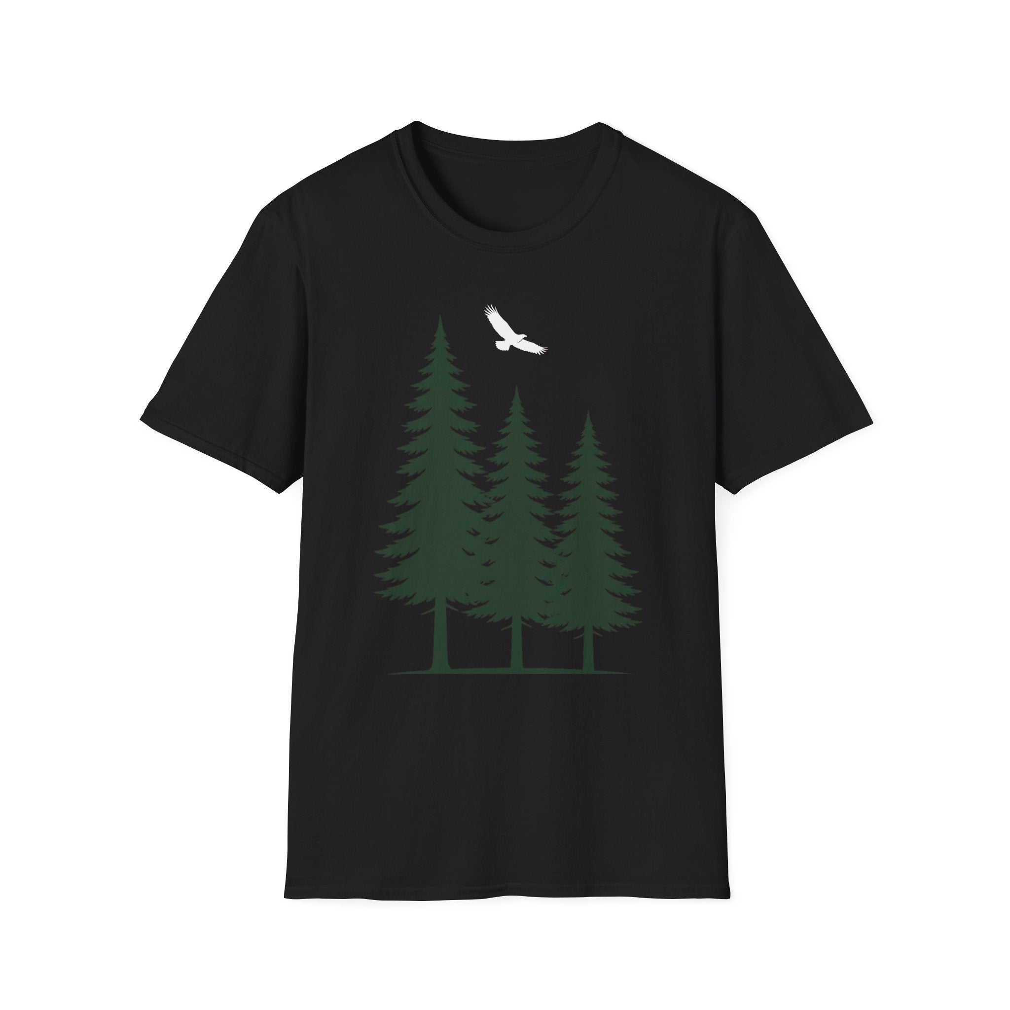 Forest nature T-shirt in black with pine trees graphic and white bird silhouette