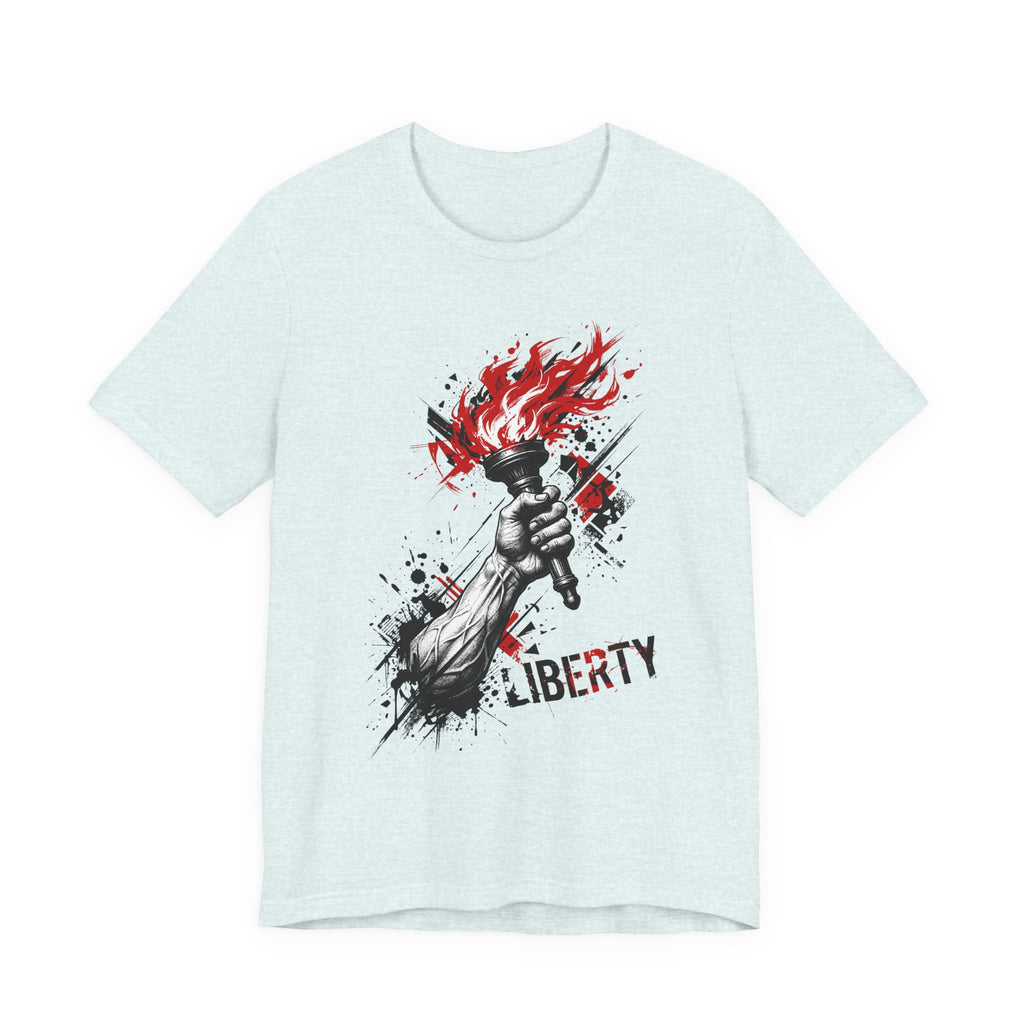 Pale blue crewneck T-shirt with flaming torch statue graphic and distressed “LIBERTY” text
