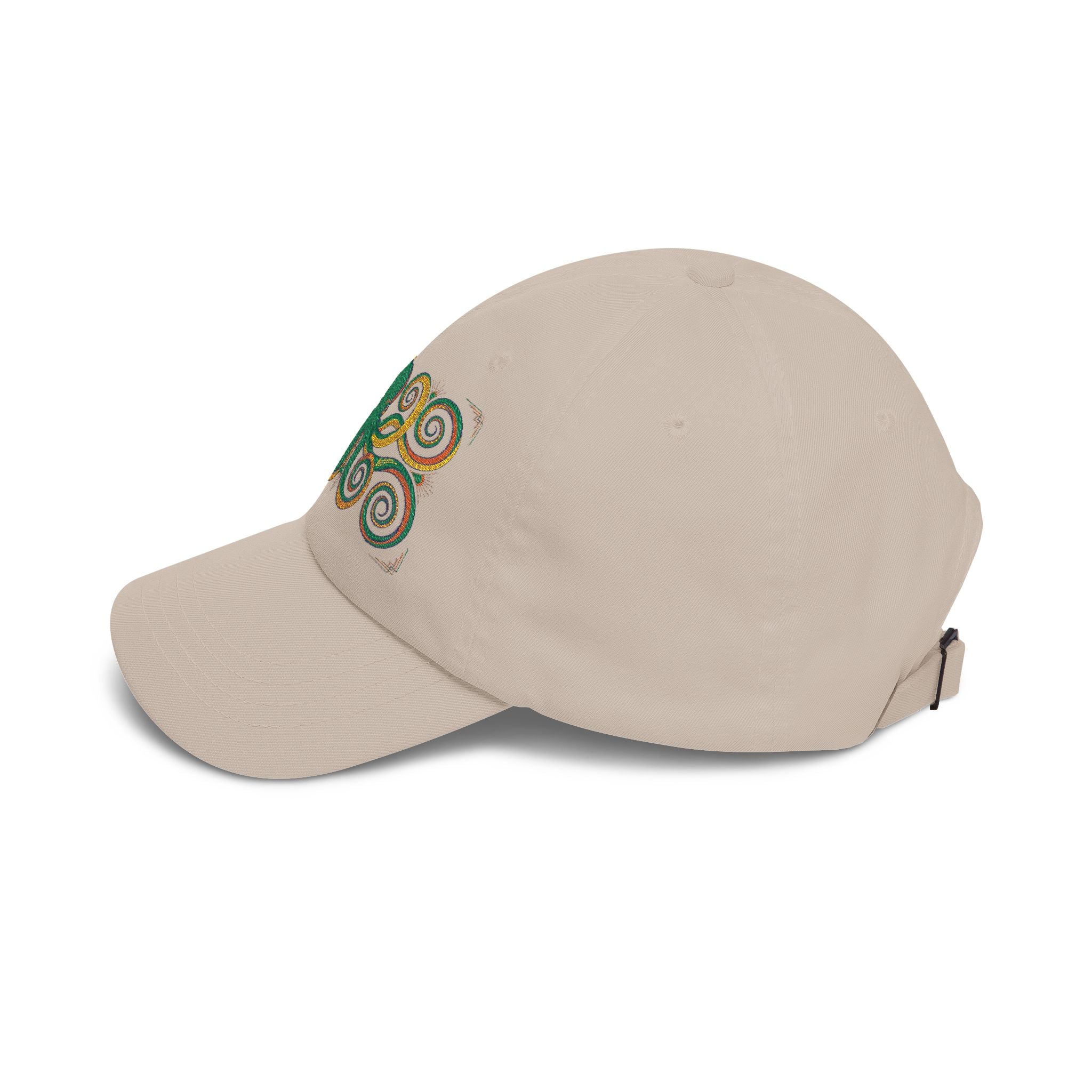 Beige baseball cap with curved brim and green-and-gold swirl embroidery on the side
