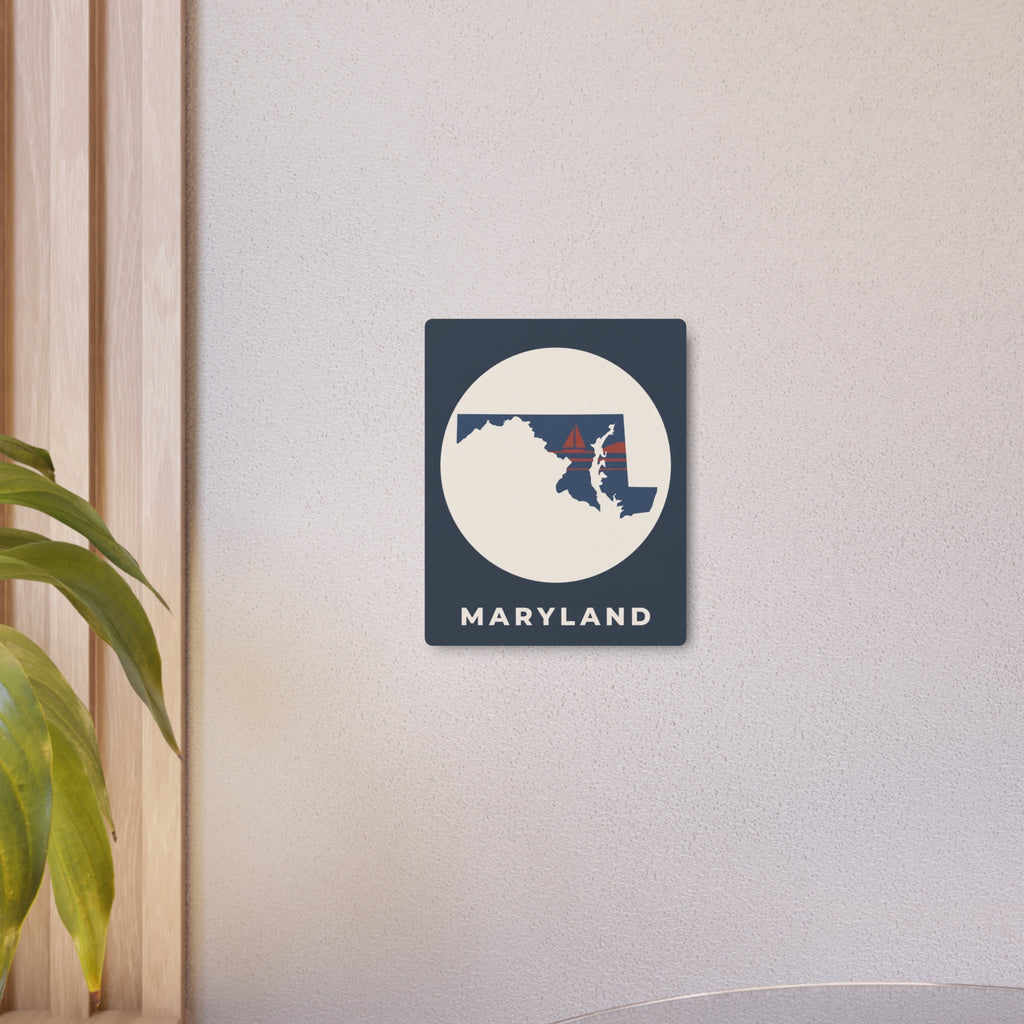 Small Maryland metal wall sign with circular state map and nautical flag details