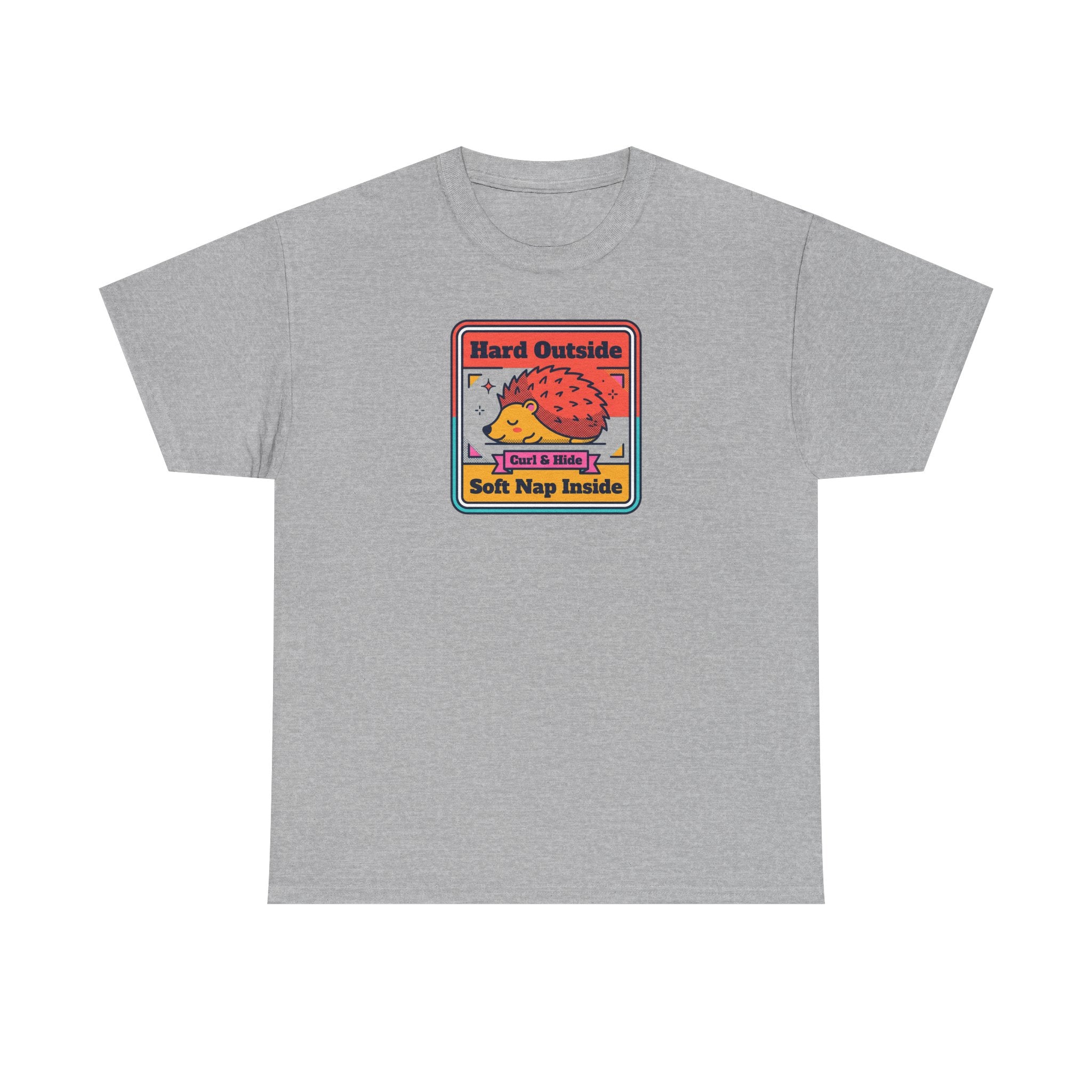 Sport grey T-shirt with colorful hedgehog graphic and “Hard Outside Soft Nap Inside” text