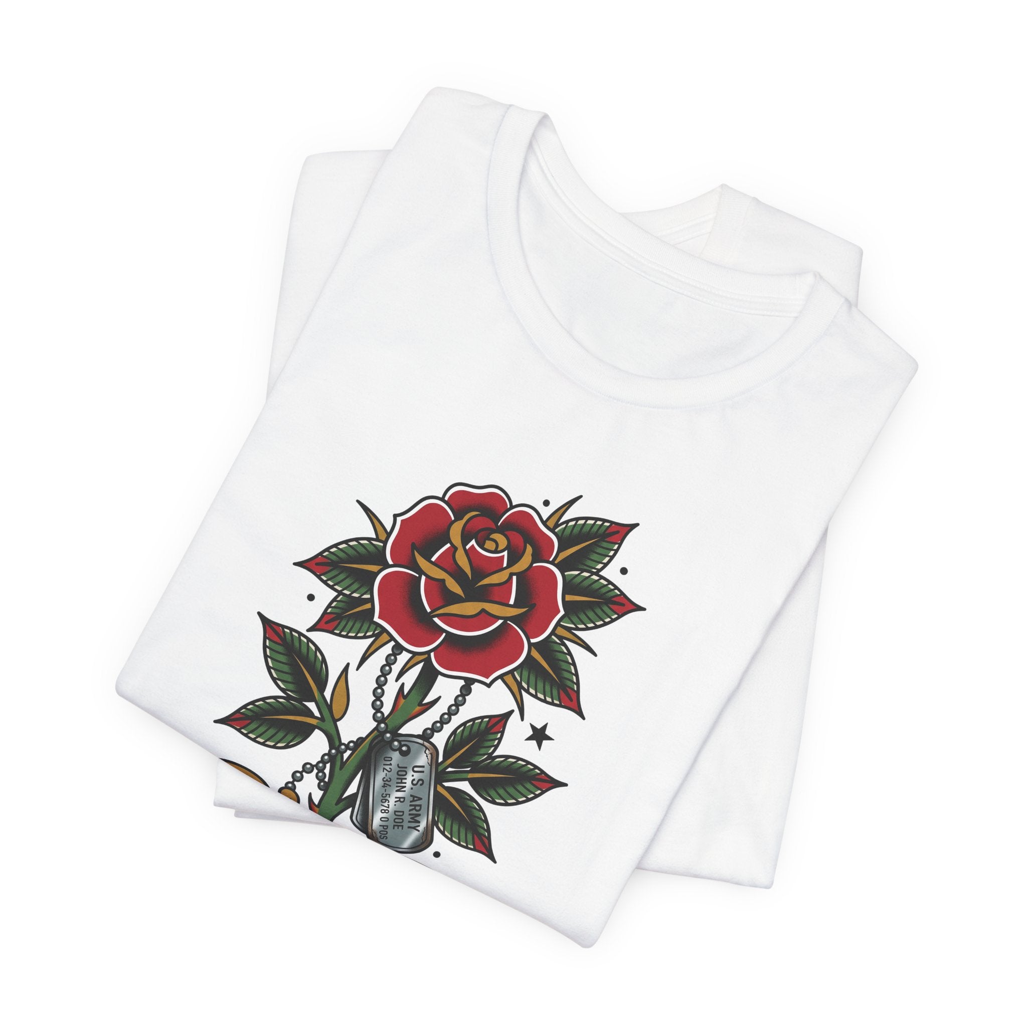 White T-shirt with rose and dog tag graphic reading “MY SOLDIER”