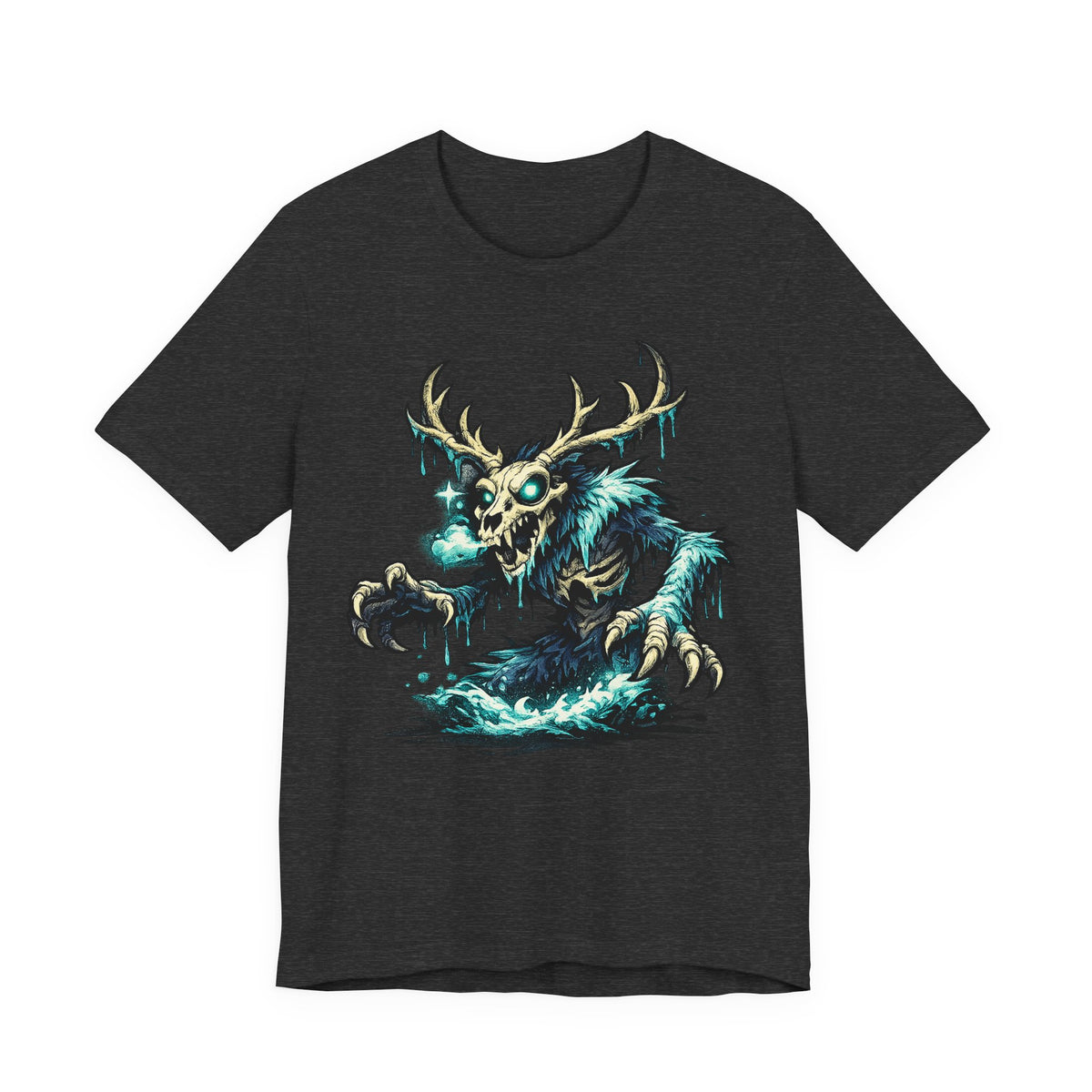 Dark gray crewneck t-shirt with teal glow deer skull monster graphic