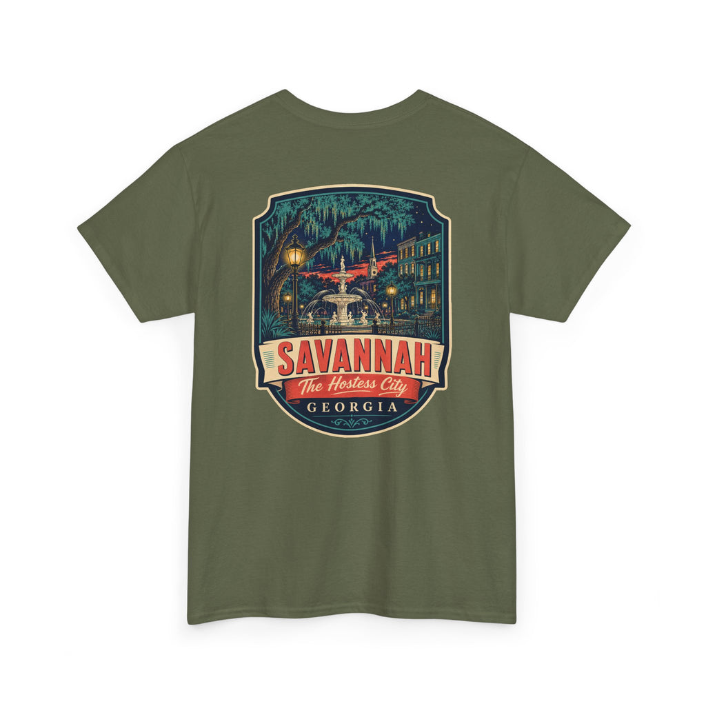 Military green Savannah city badge graphic T-shirt with short sleeves and crew neck.