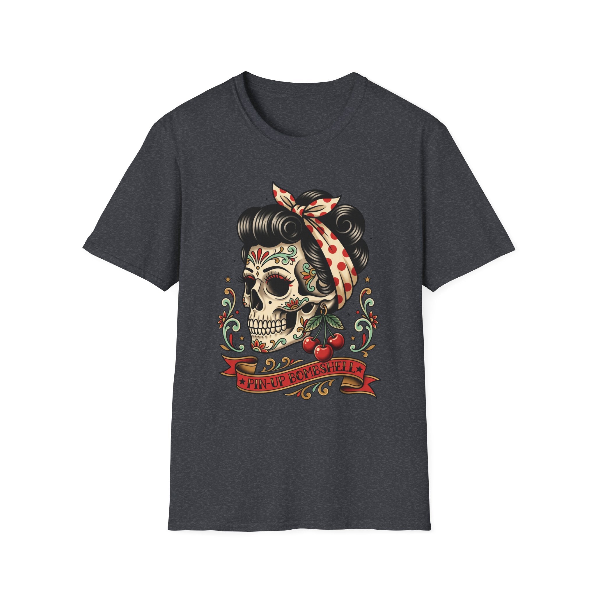 Sugar Skull Pinup T-Shirt in dark heather gray with colorful pinup skull illustration