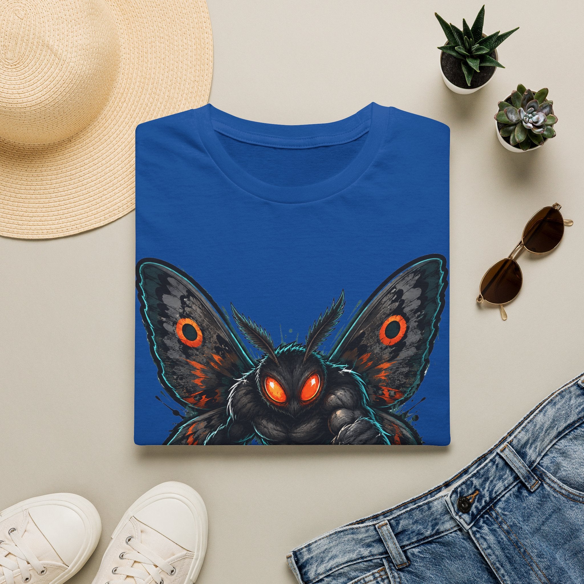 Royal blue graphic monster moth t-shirt with glowing red eyes and spread wings