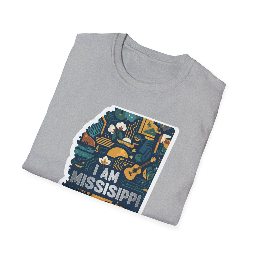 I Am Mississippi T-shirt, Sport Grey front with state-map illustration and text
