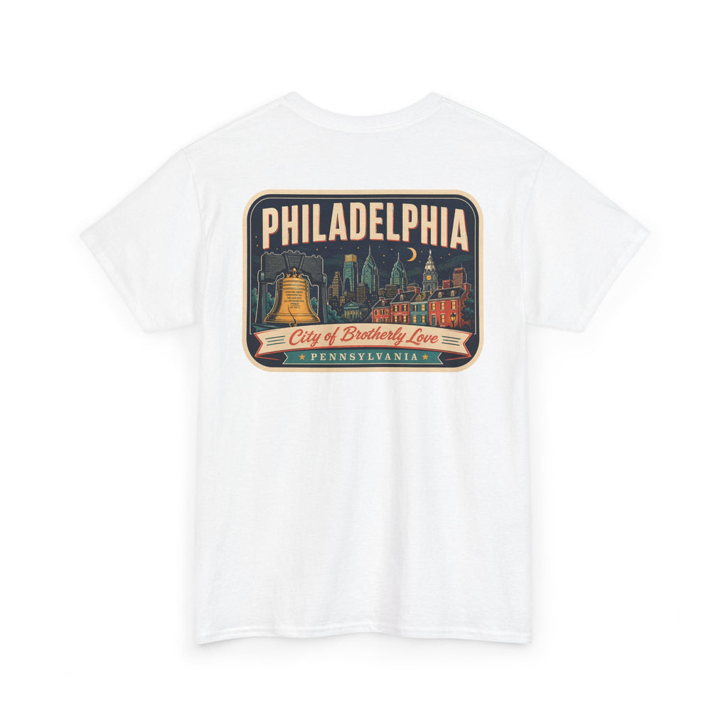 White T-shirt with Philadelphia skyline luggage-tag graphic patch