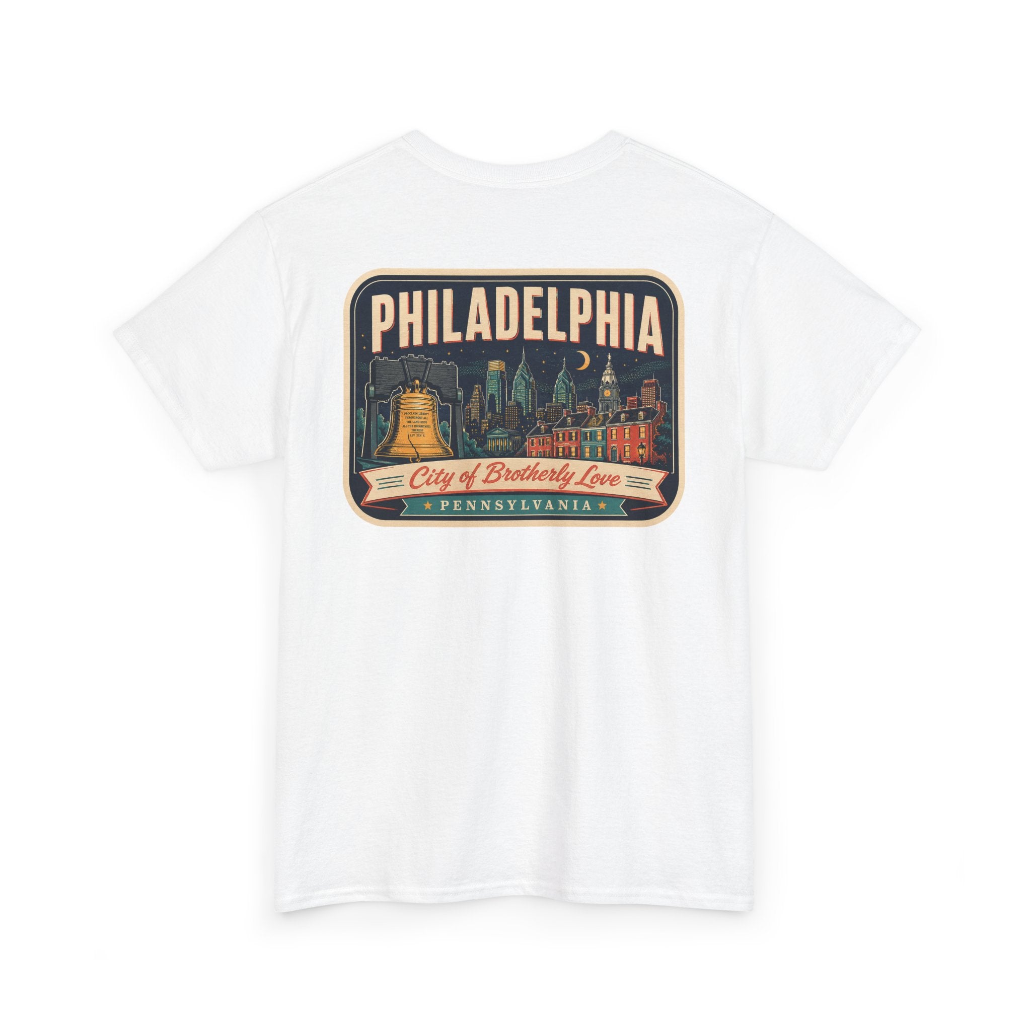 White T-shirt with Philadelphia skyline luggage-tag graphic patch