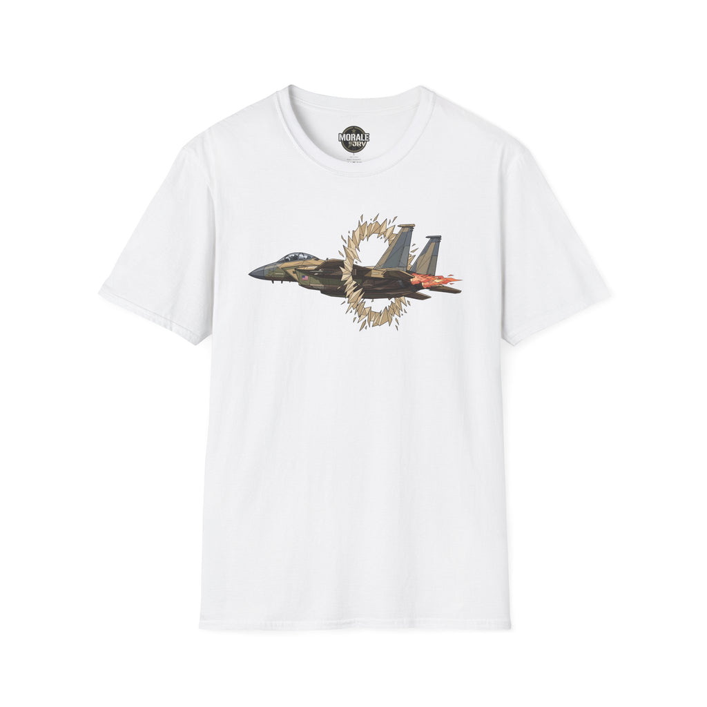 White t-shirt with fighter jet graphic and golden ring of fire burst print
