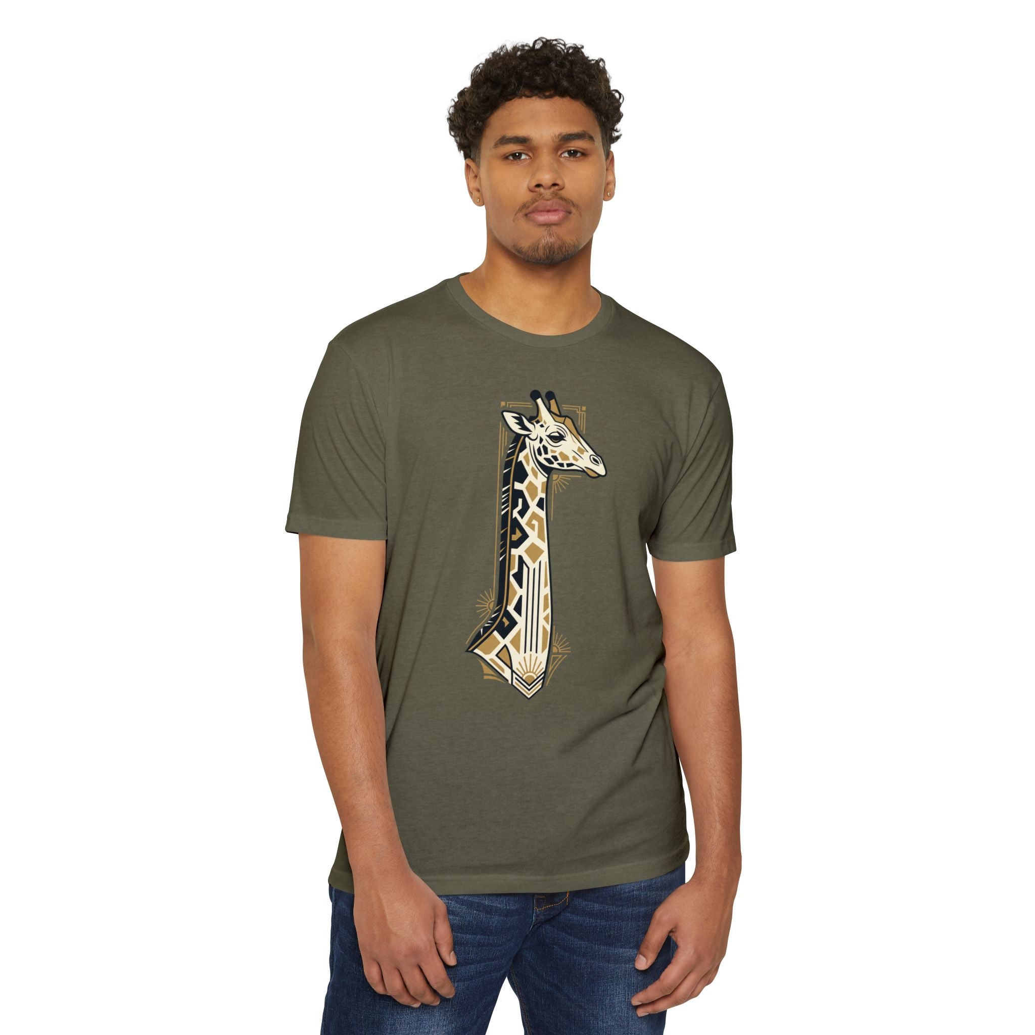 Dark olive crew-neck T-shirt with short sleeves and giraffe art graphic on front.