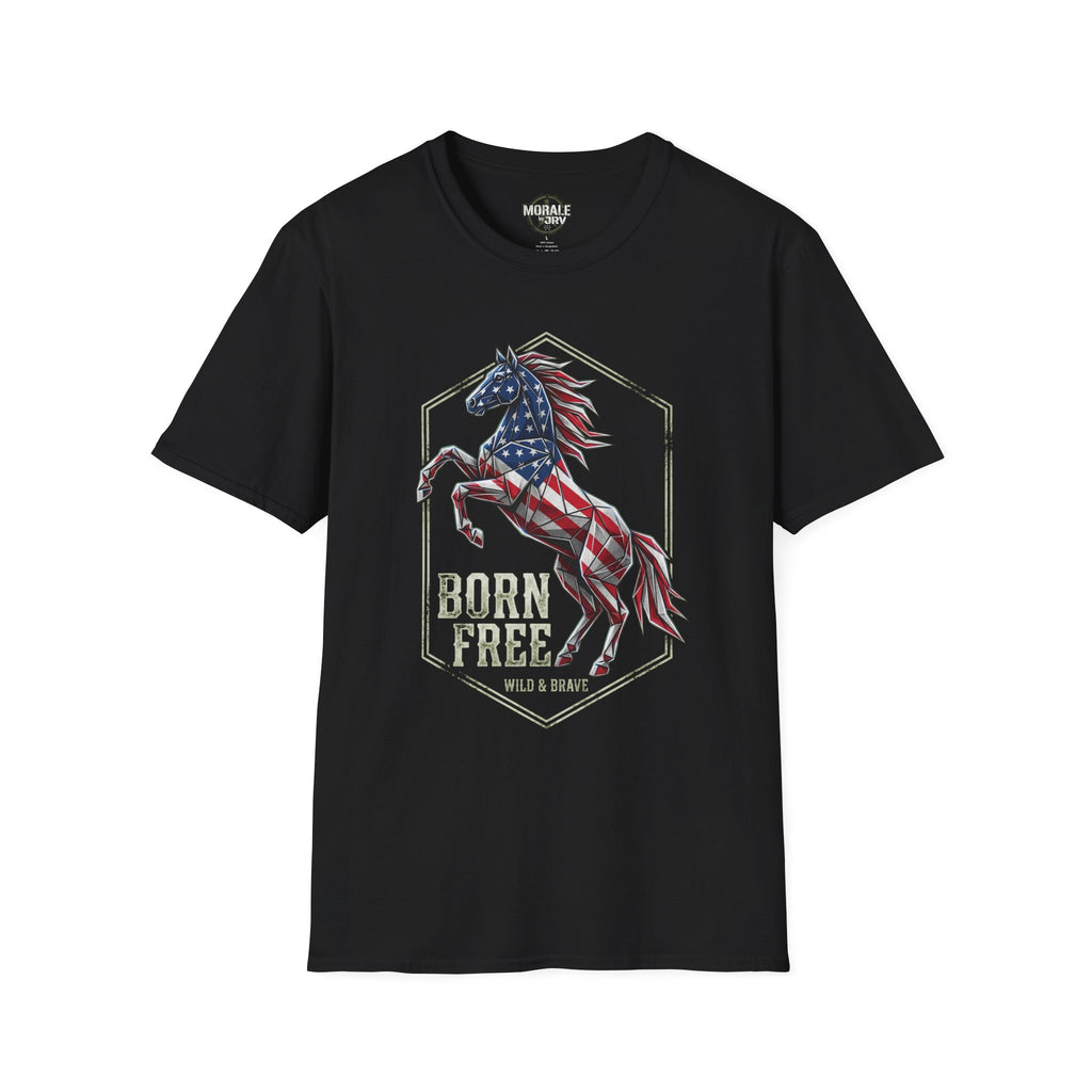 American flag horse T-shirt, black with "Born Free" graphic