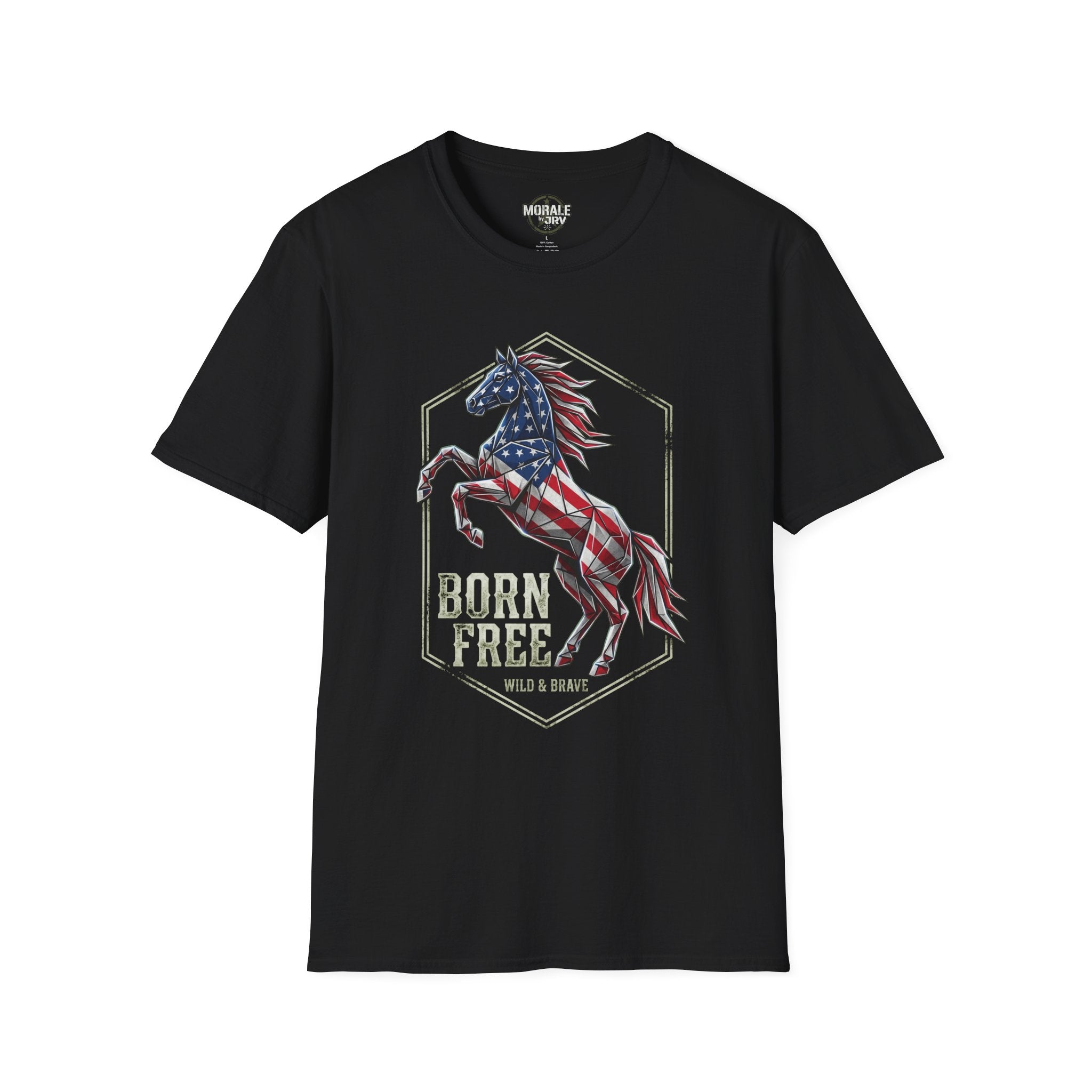 American flag horse T-shirt, black with "Born Free" graphic