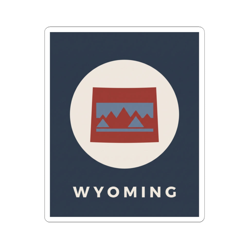 Square Wyoming badge sticker with circular emblem, red/blue mountains, and “WYOMING” text.