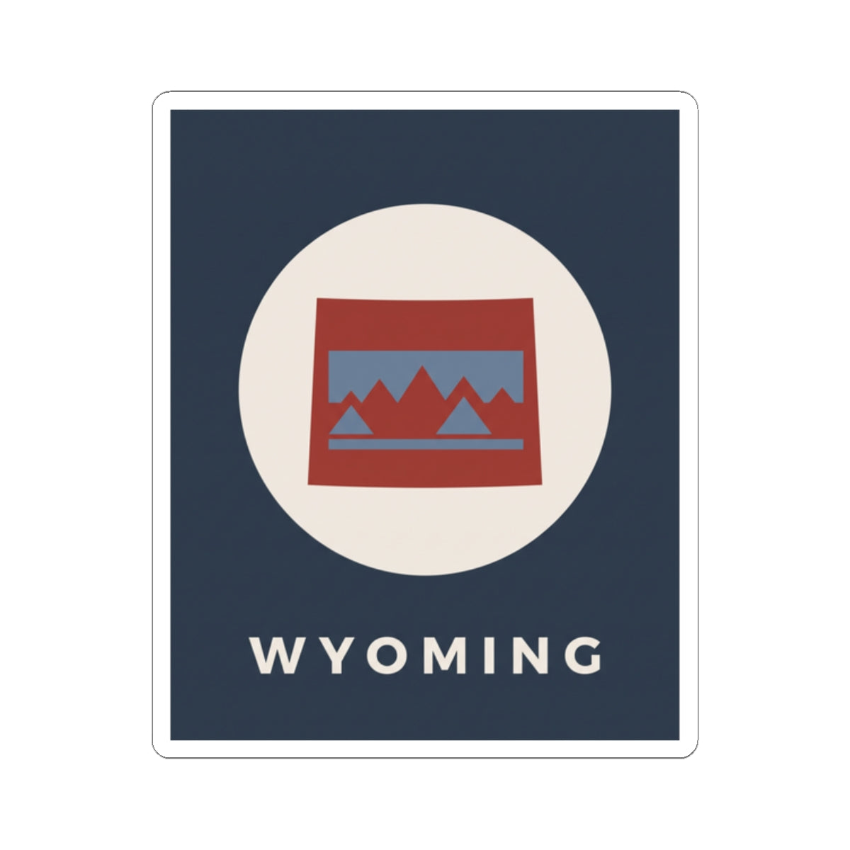 Square Wyoming badge sticker with circular emblem, red/blue mountains, and “WYOMING” text.