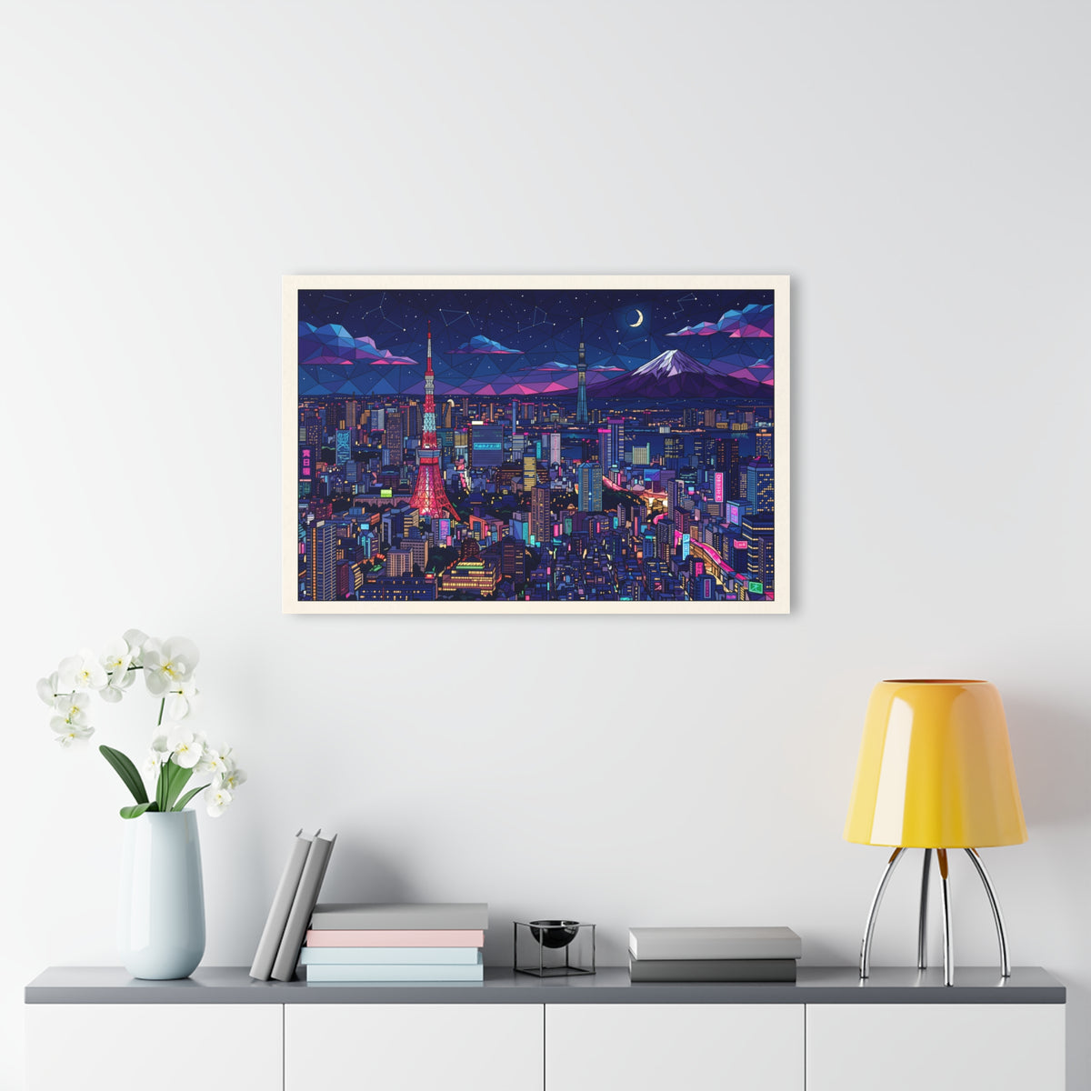 Framed acrylic print featuring neon night Tokyo skyline with colorful blue and pink lighting