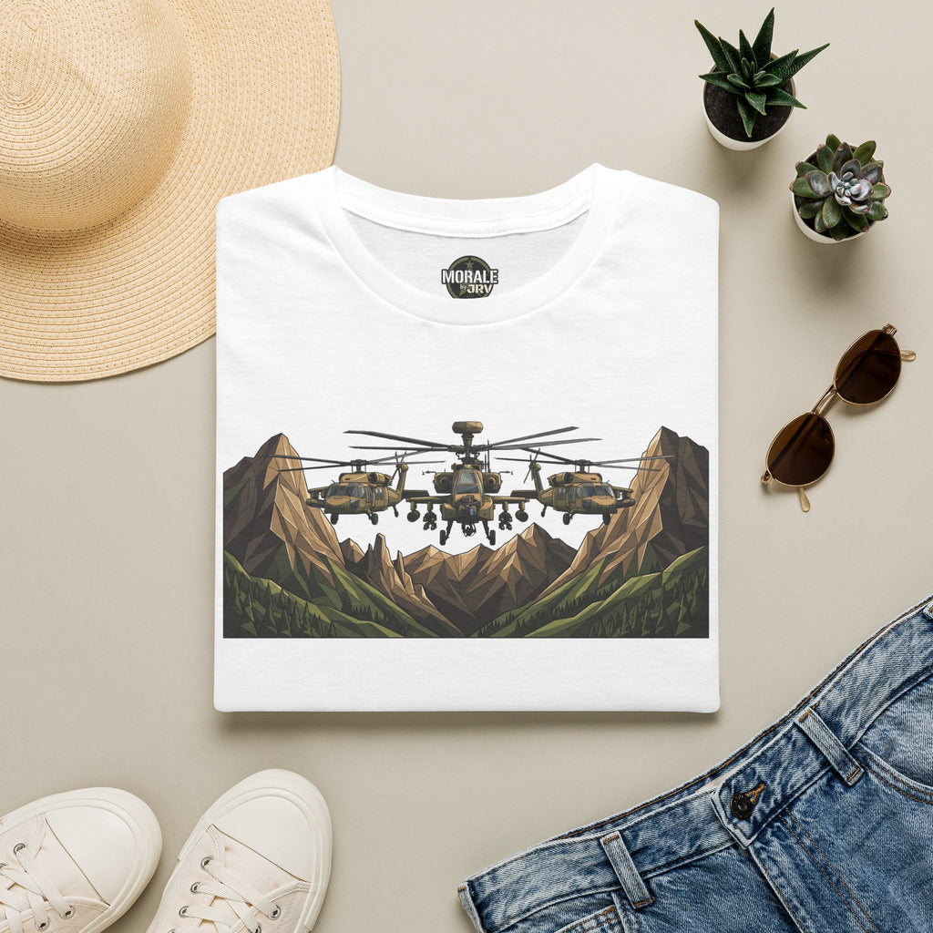 White crew-neck t-shirt with helicopter over mountain landscape graphic.