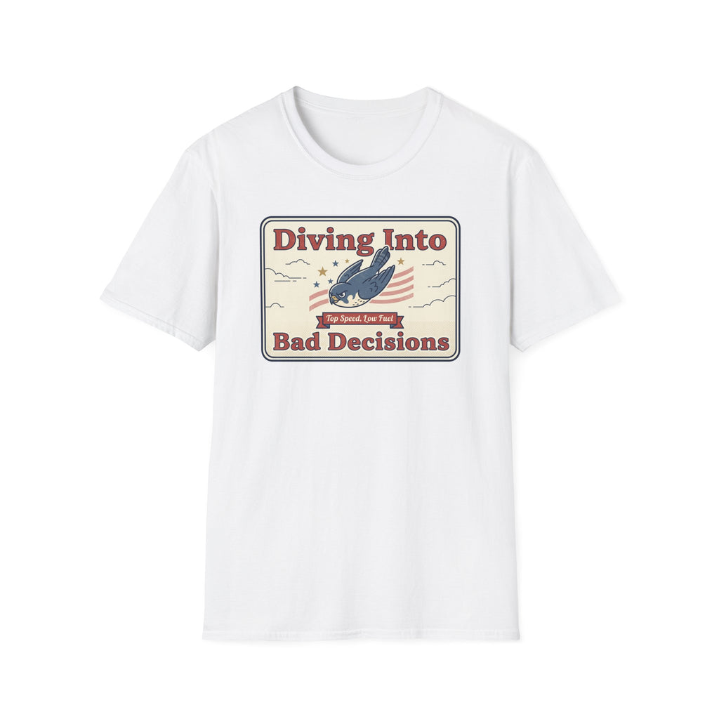 White T-shirt with retro shark graphic and "Diving Into Bad Decisions" text.