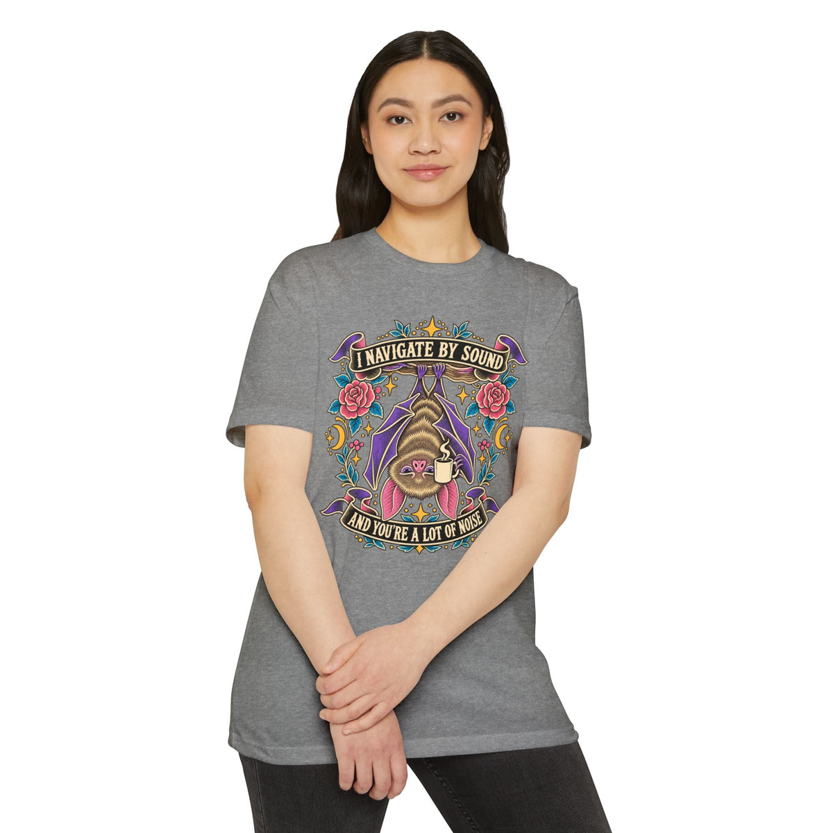 Heather gray crew-neck T-shirt with colorful bat floral sound artwork on chest