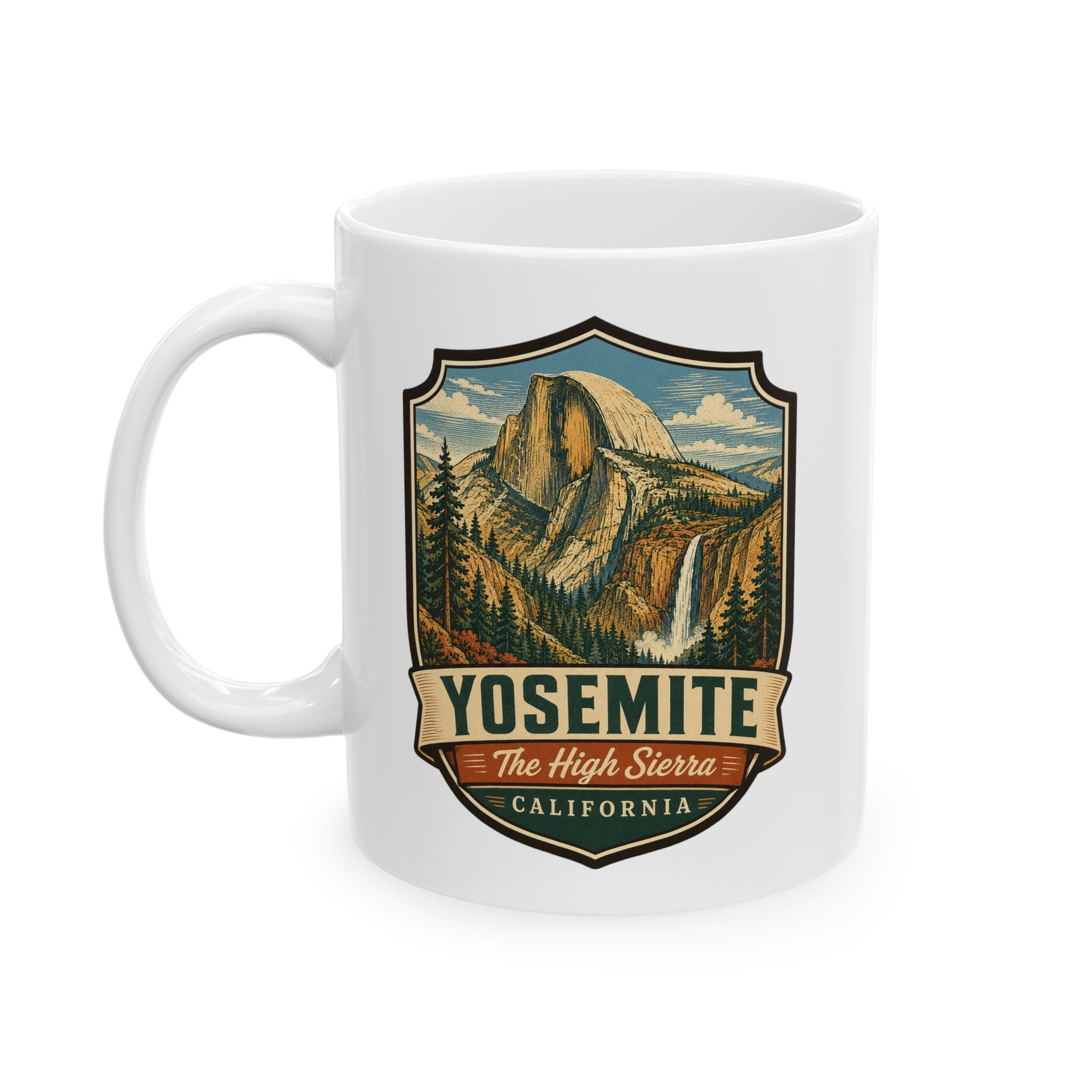 Ceramic mug with Yosemite badge graphic and scenic mountain design