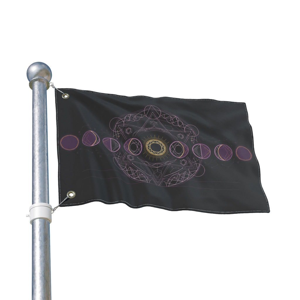 Black Halloween moon-phase flag on metal pole, purple rings and gold mandala on fabric.
