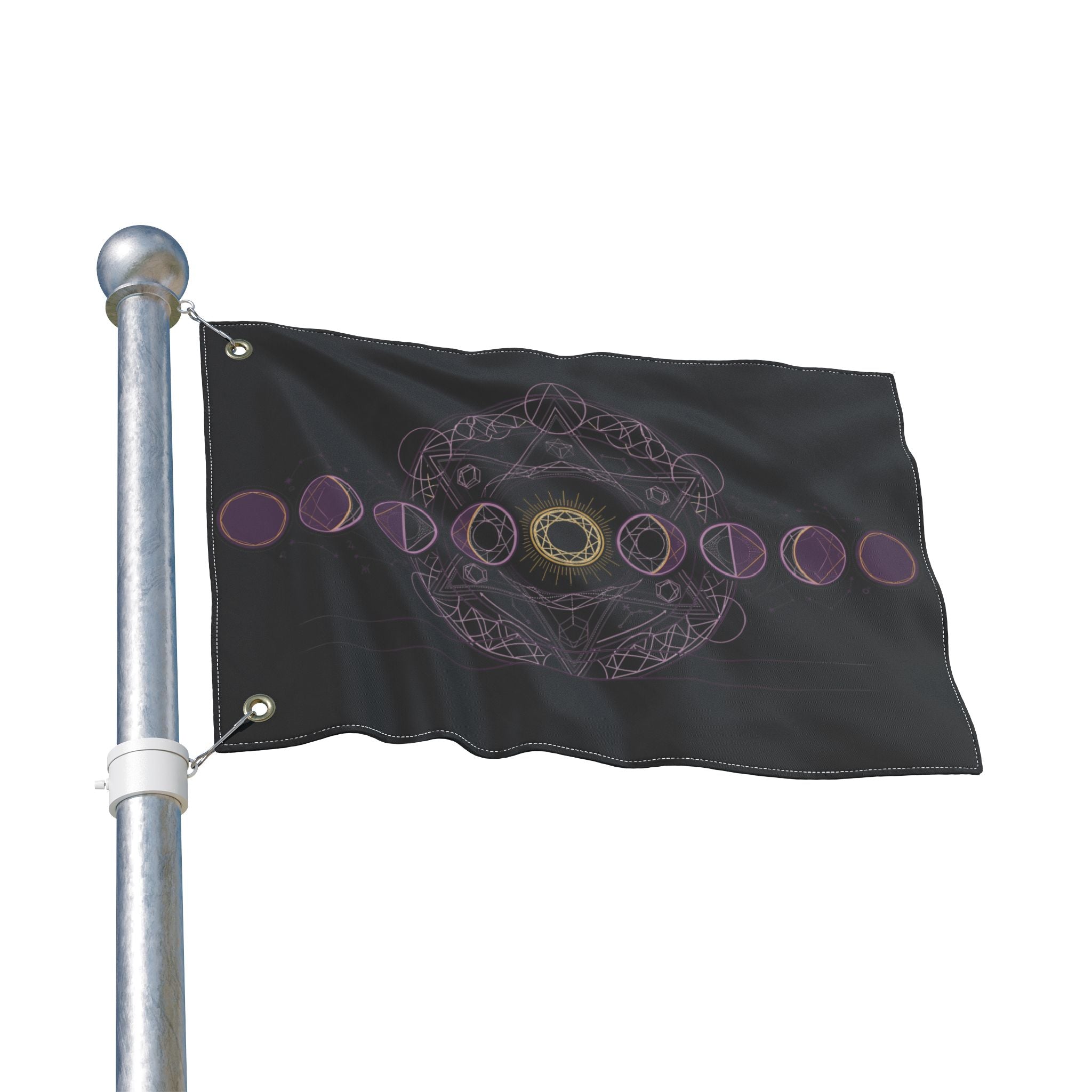 Black Halloween moon-phase flag on metal pole, purple rings and gold mandala on fabric.