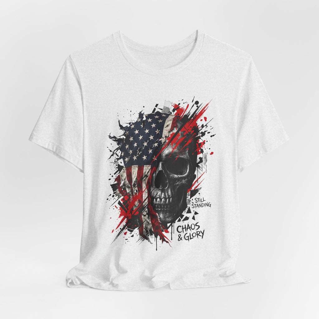 White crew-neck T-shirt with skull and American flag splatter graphic and small text