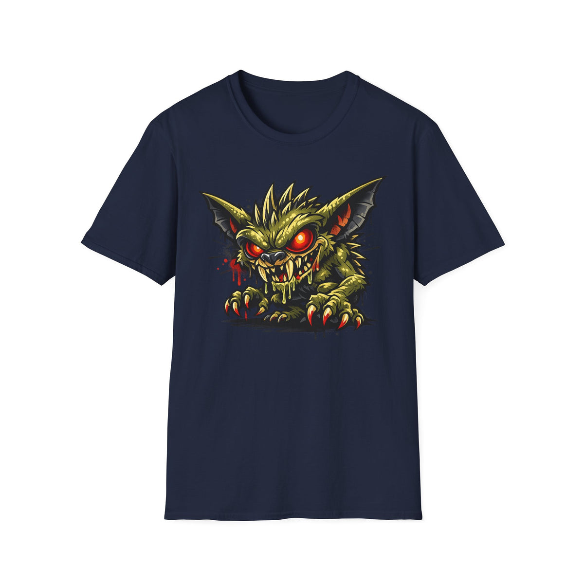 Dark blue crew-neck T-shirt with green gremlin skull and red glowing eyes chest graphic