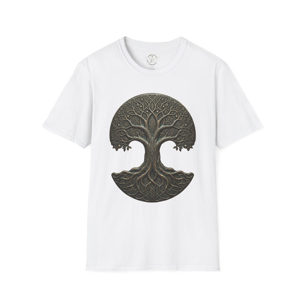 T-Shirt mit keltischem Baum-des-Lebens-Mandala-Print, dunkelgrün auf Weiß