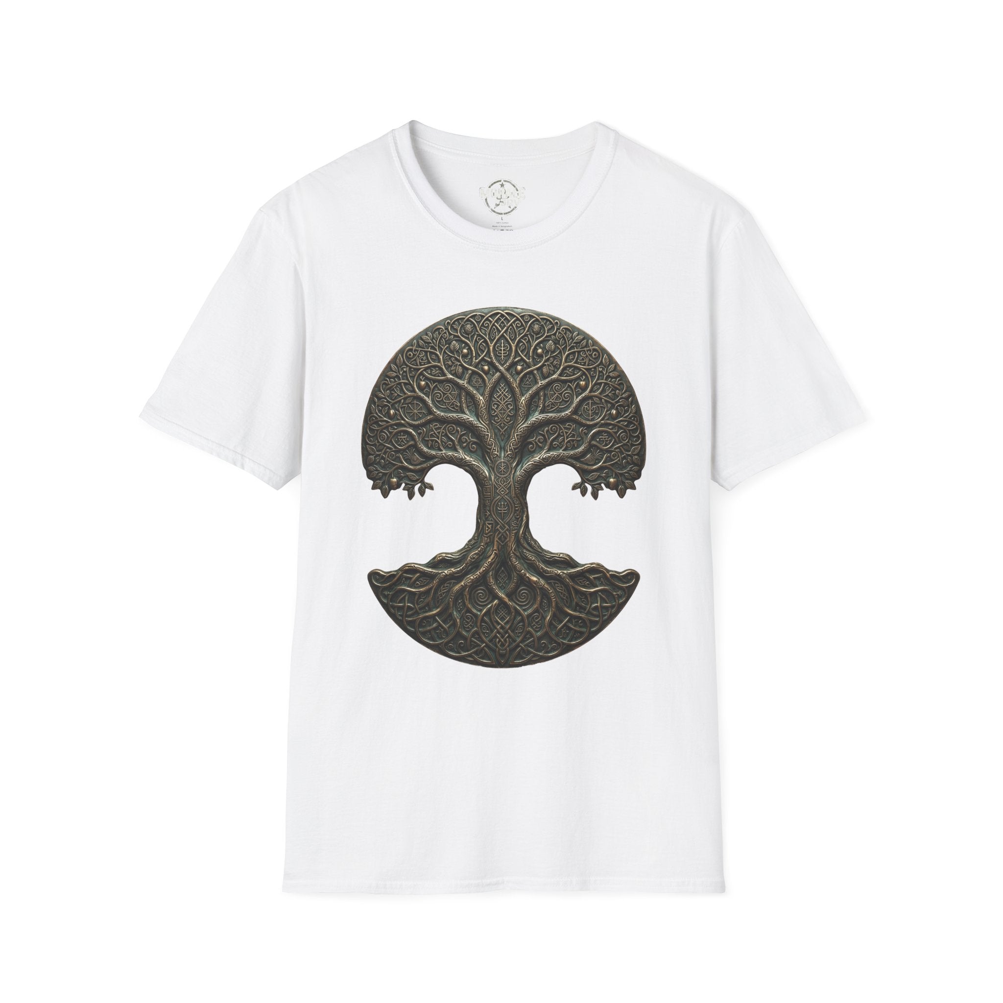T-Shirt mit keltischem Baum-des-Lebens-Mandala-Print, dunkelgrün auf Weiß