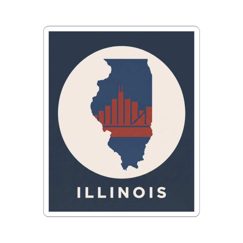 Square kiss-cut Illinois sticker featuring navy state, red skyline bars, and bold ILLINOIS lettering