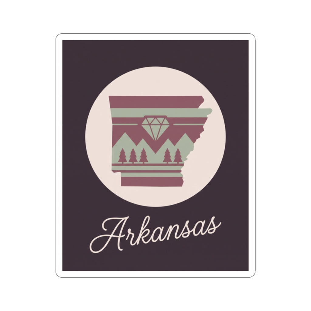 Arkansas state vinyl decal sticker with circular emblem and maroon stripes, 'Arkansas' script