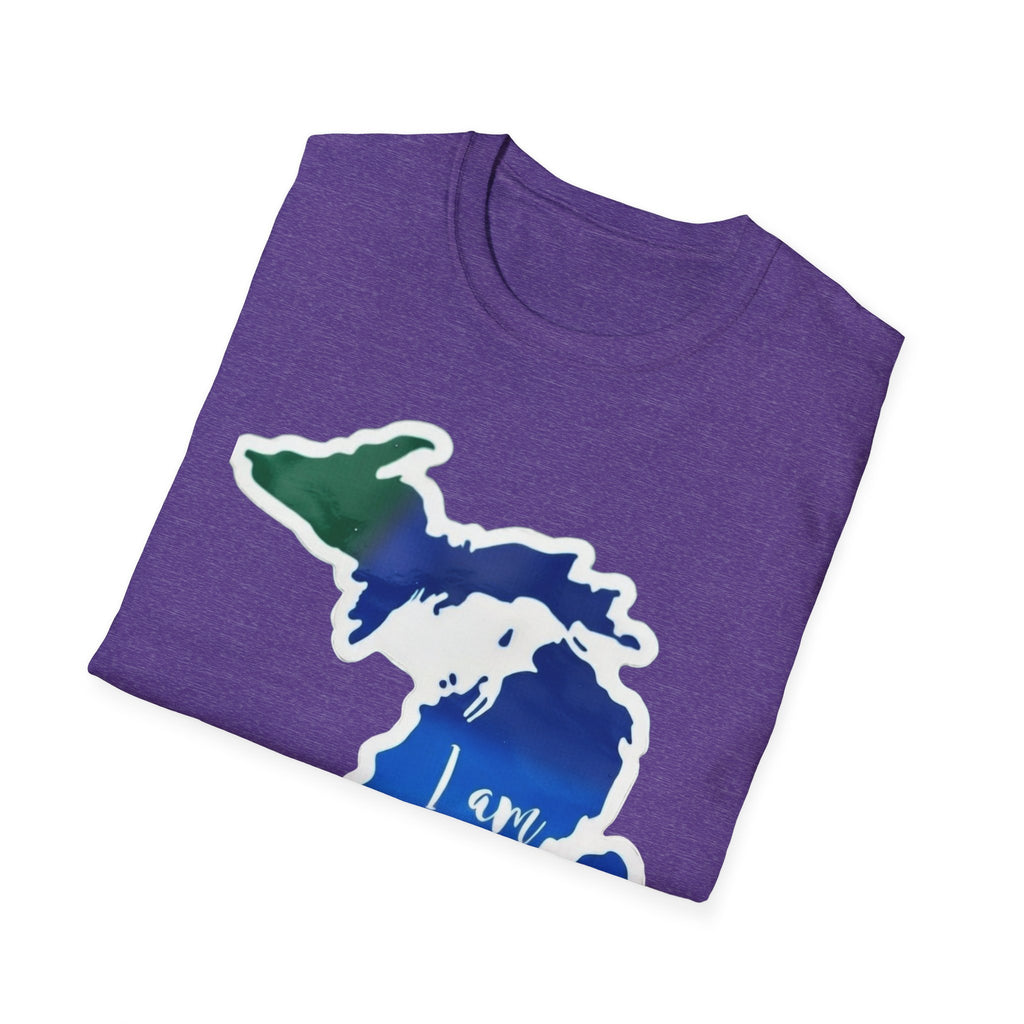 Michigan State Map Heart T-shirt in Heather Purple, folded front map-and-heart graphic