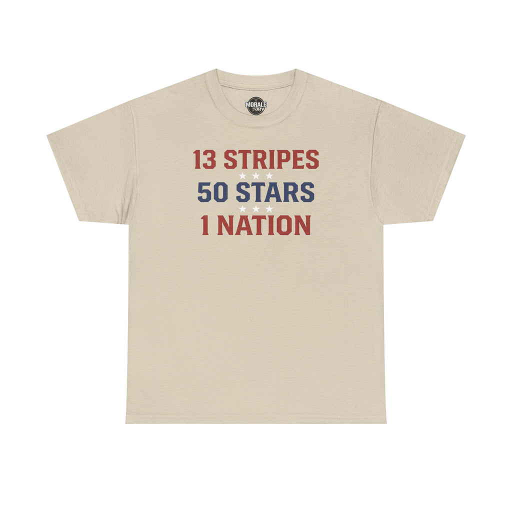 Sand crewneck T-shirt, front text '13 STRIPES 50 STARS 1 NATION'