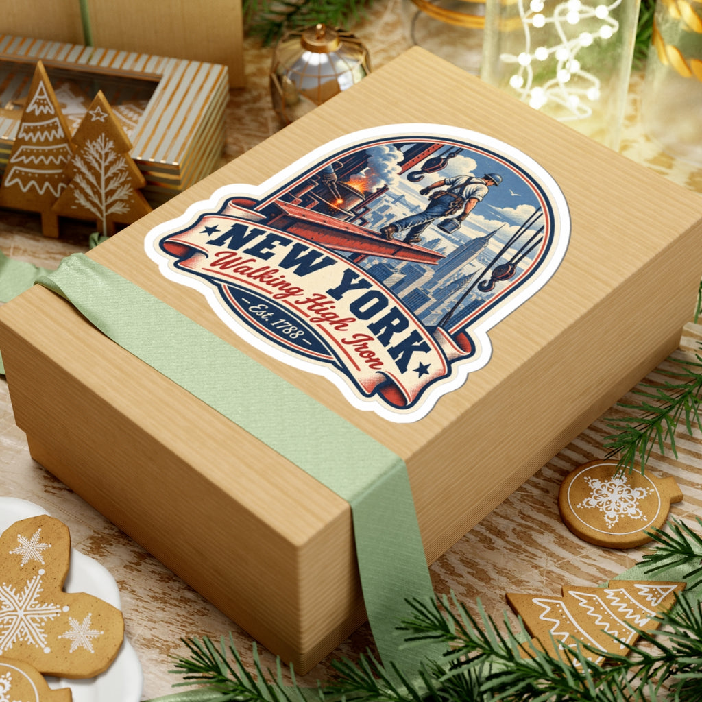 New York Walking High Iron sticker on a wrapped wooden gift box with ribbon accent