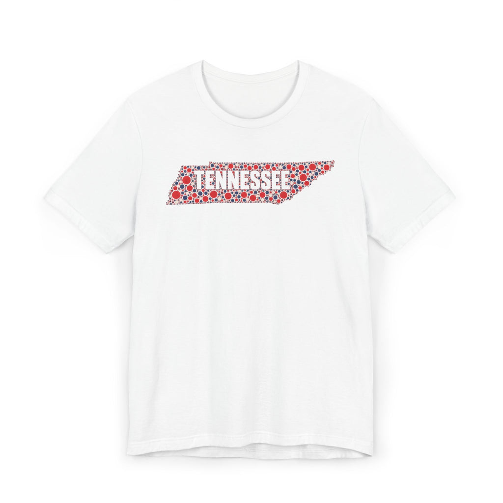 White t-shirt with colorful floral Tennessee state outline graphic across chest
