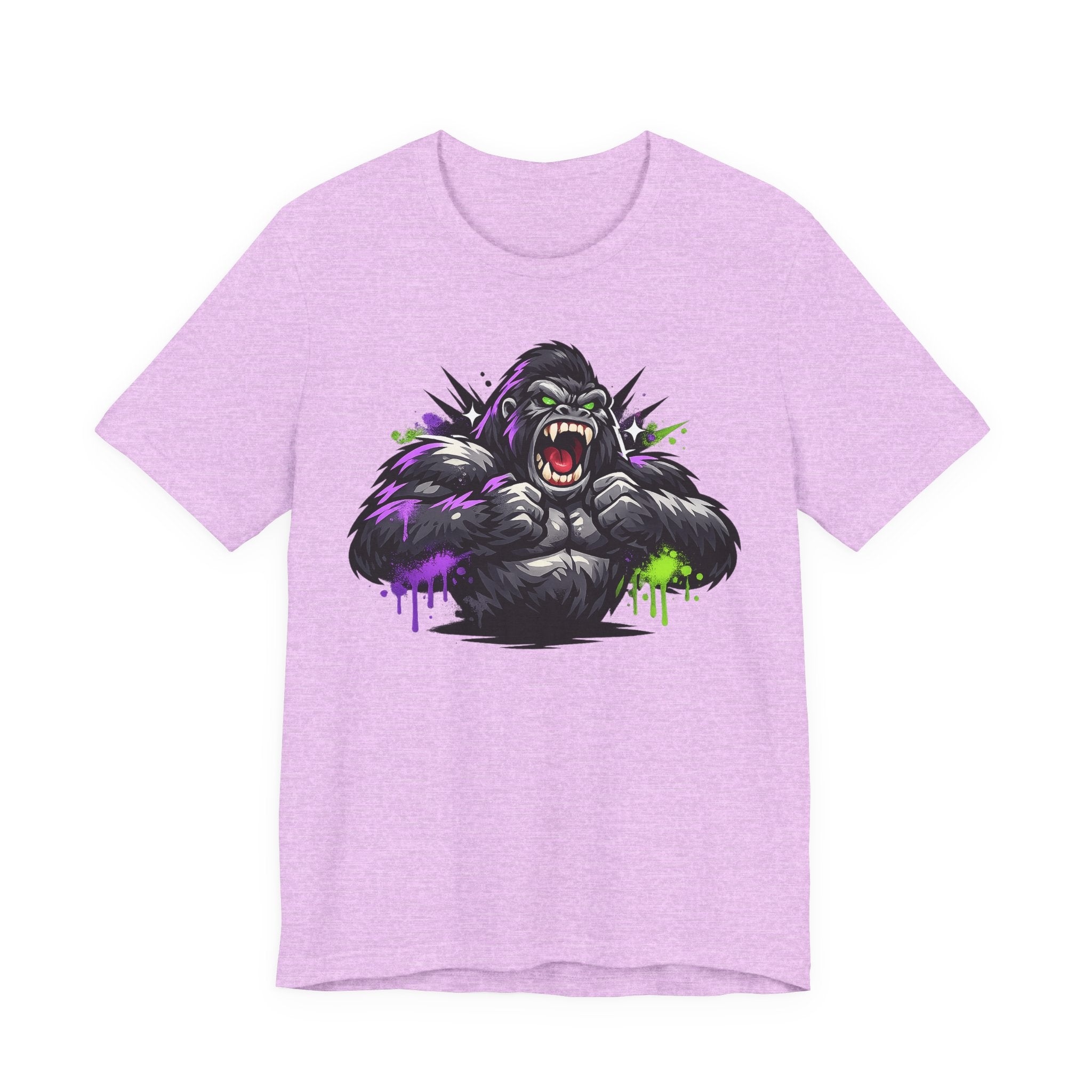 Purple heather graphic gorilla roaring face T-shirt with neon splatter accents