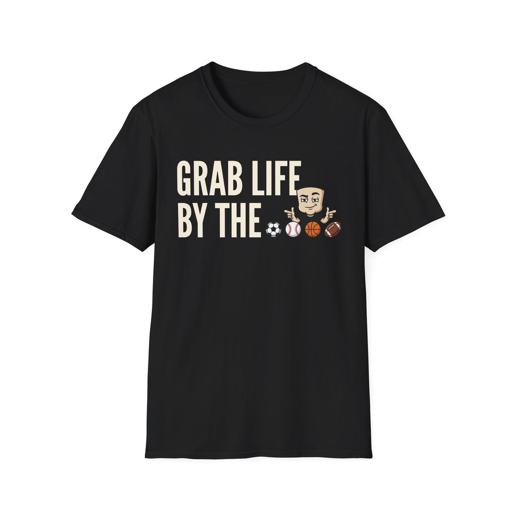 Black graphic T-shirt with bold motivational text and sports ball character