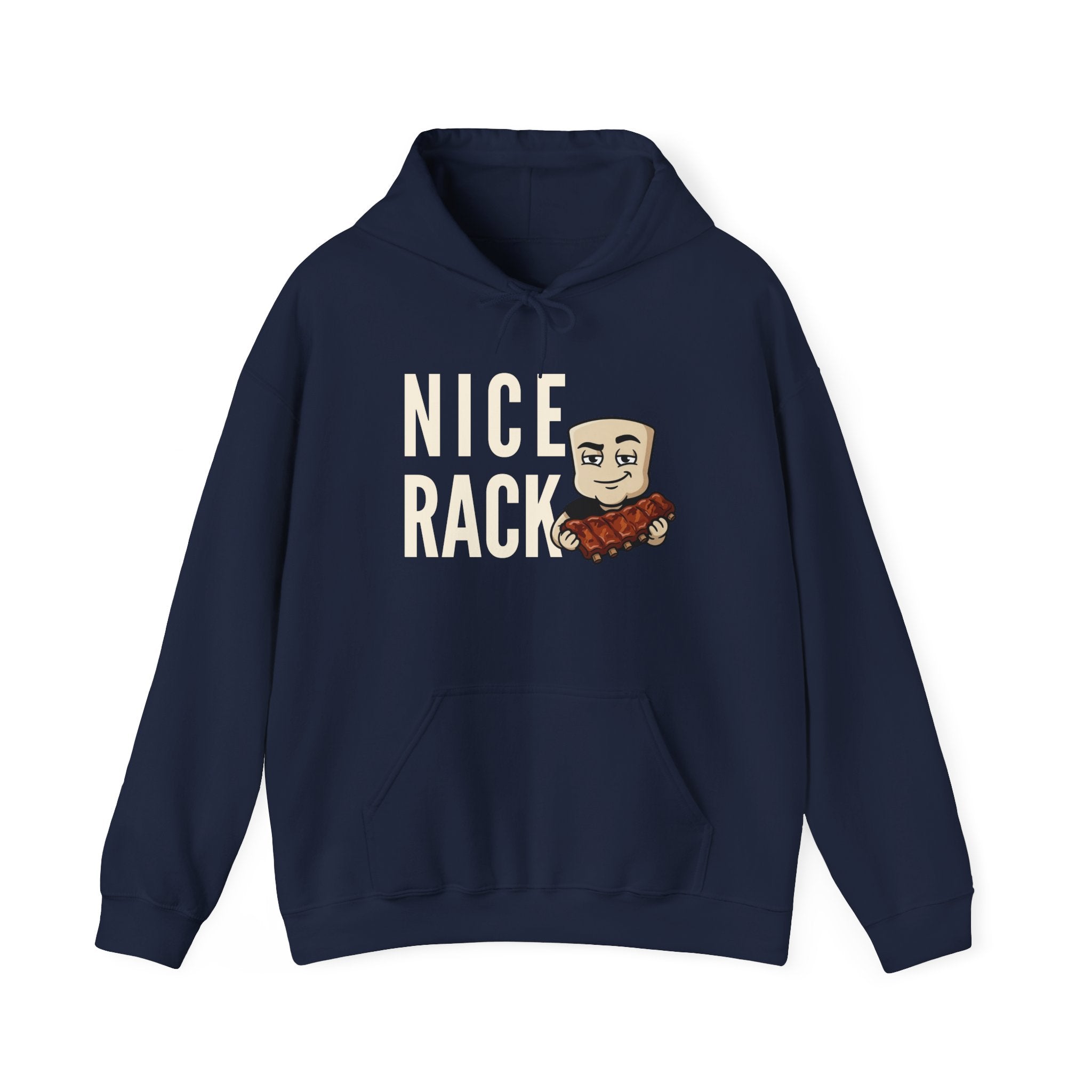 Navy hoodie with kangaroo pocket, drawstring hood, and bold rib graphic on chest.