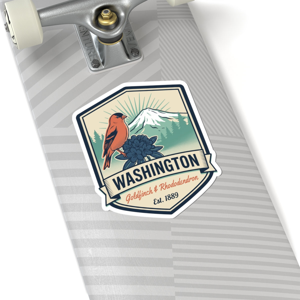 Washington badge sticker with orange bird, mountain peak, blue flower, and Est. 1889